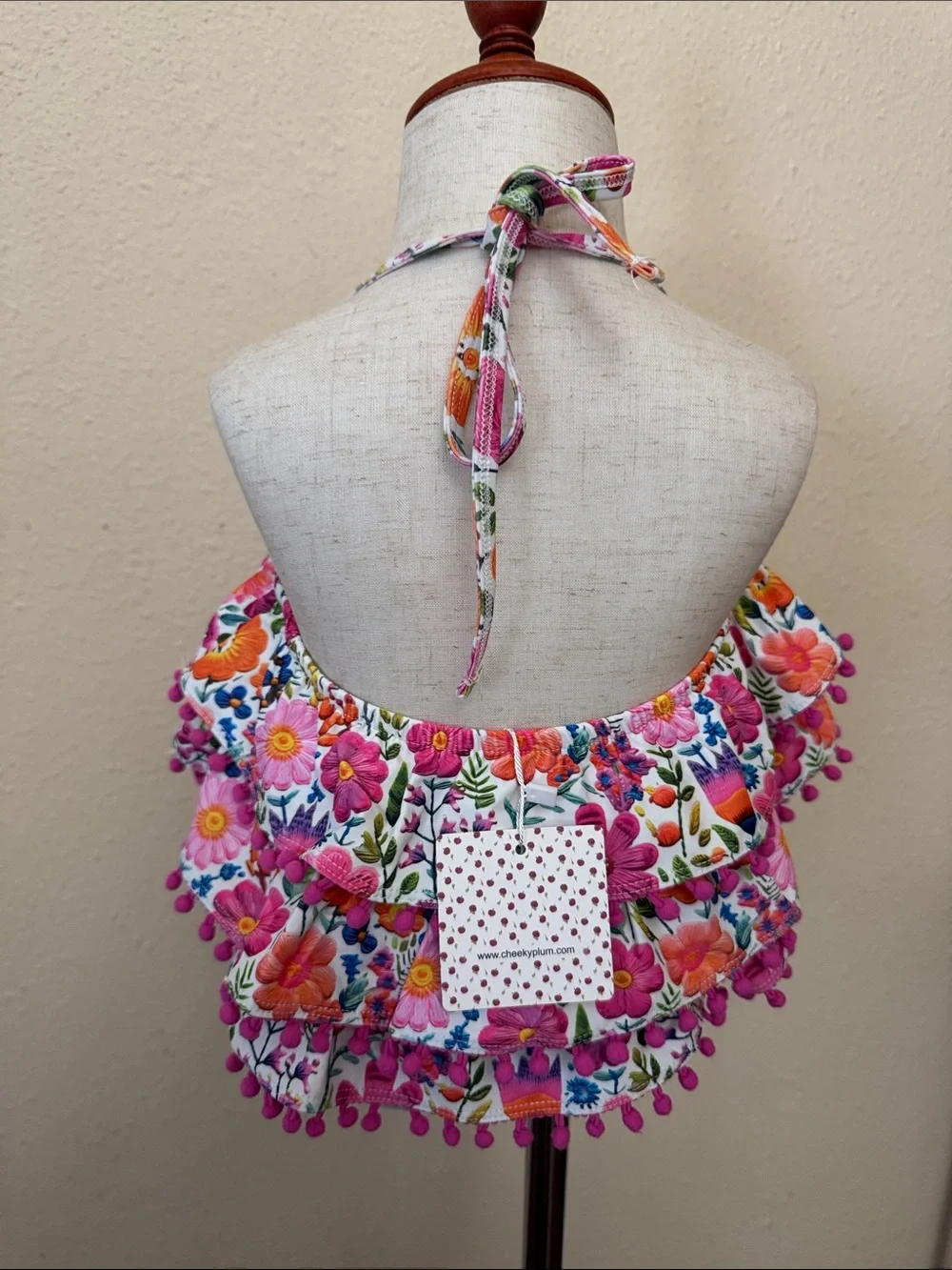 Cheeky Plum Clothing Swim Floral Ruffle Bikini Top with Pink Pom-Pom Trim Size 8